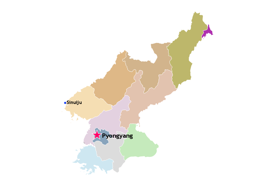 Localisation de la ville de Sinuiju sur une carte de la Corée du Nord