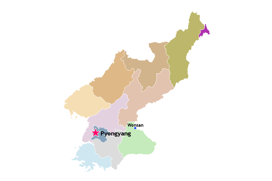 Ubicación de Wonsan, capital provincial de la provincia de Kangwon en Corea del Norte, RPDC. Consulte nuestro mapa interactivo de Corea del Norte KTG Tours