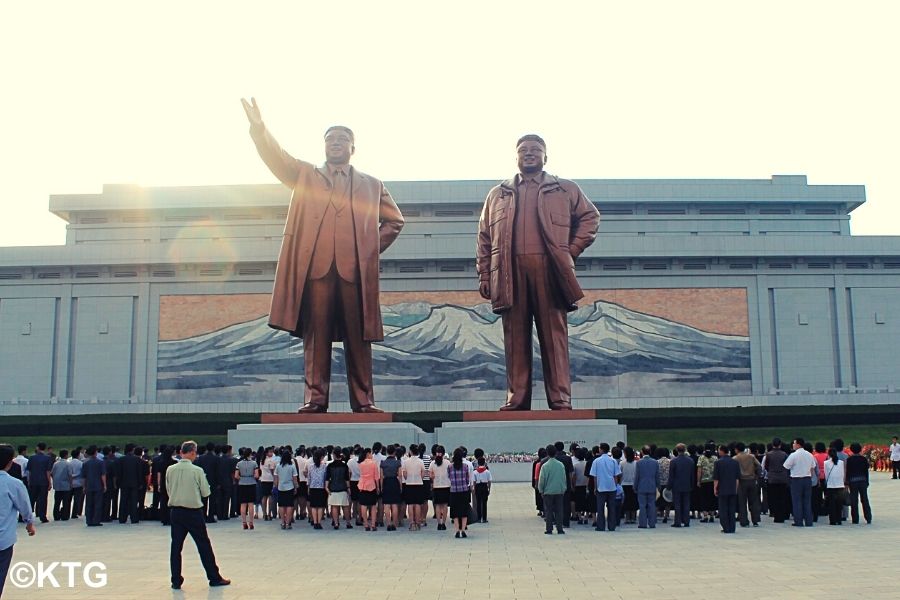 Mansudae Grand Monument on Mansu Hill in Pyongyang, capital of North Korea on a national holiday. DPRK trip arranged by KTG tours