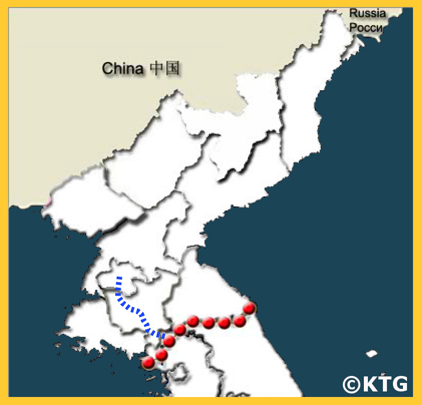 Mapa de la ruta entre Pyongyang a Panmunjom en la zona desmilitarizada (DMZ) en Corea del Norte (RPDC). Apúntese a un viaje con KTG para descubrir Panmunjom desde el lado norcoreano