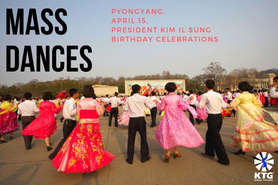 Bailes masivos cerca del estadio Kim Il Sung en Pyongyang, capital de Corea del Norte, para celebrar el cumpleaños del presidente Kim Il Sung el 15 de abril. Fotografía realizada por KTG Tours