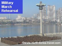 Female soldiers rehearse for a military march in November by the Taedong River in เปียงยาง (Pyongyang), North Korea (DPRK)