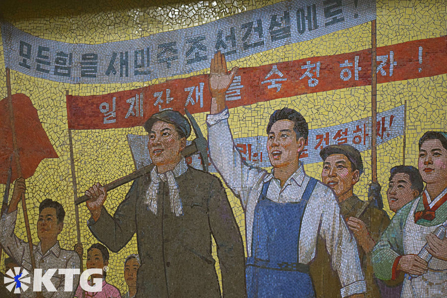mosaci mural depicting North Korean people after liberation at the Construction Pyongyang metro station in North Korea, DPRK. Picture of North Korea taken by KTG Tours
