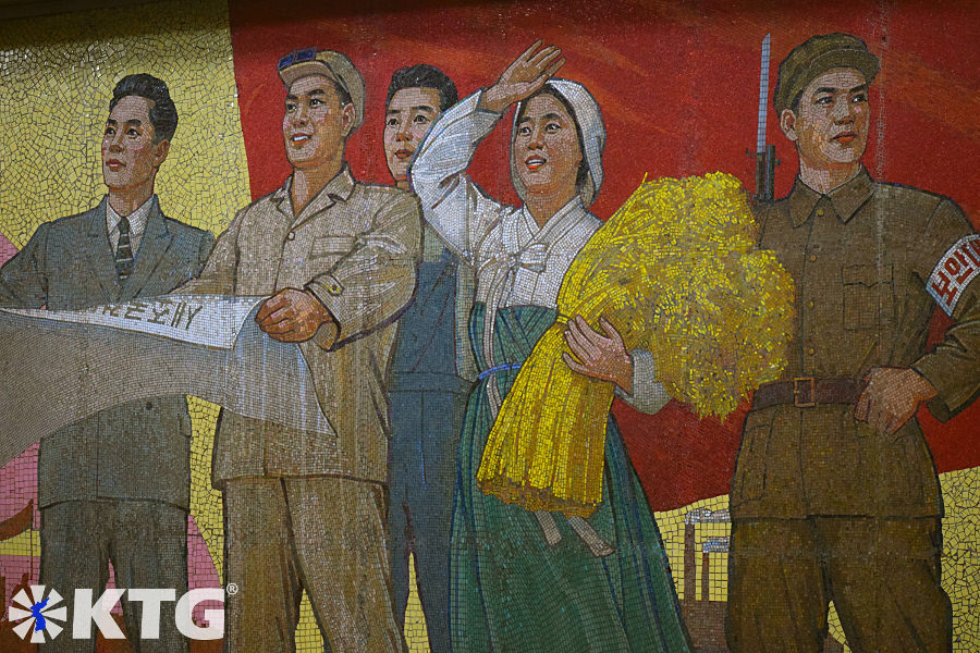 Mural inside the Pyongyang Metro Museum showing workers and soldiers during the reconstruction of the Pyongyang Metro in the capital of North Korea, DPRK. Unfortunately there are just a few places inside the museum where are allowed to take pictures.