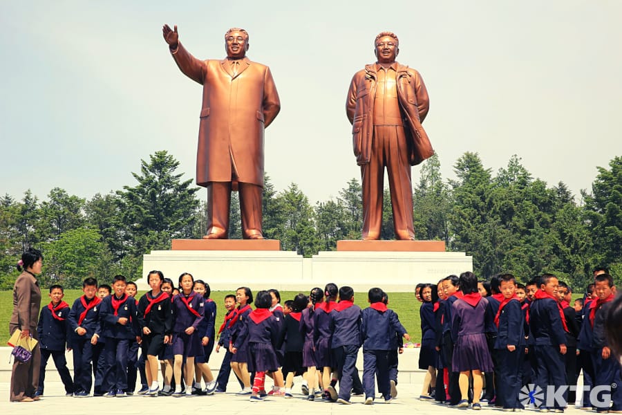 Statues of President Kim Il Sung and Chairman Kim Jong Il in Mt. Tonghung Hamhung, capital of South Hamgyong Province, second largest city in North Korea (DPRK). Tour arranged by KTG Tours