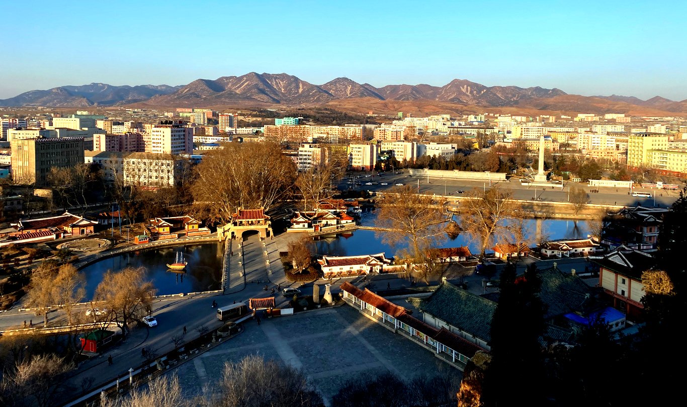 Views of Sariwon city in North Korea from Kyongnam Pavilion. Picture taken on KTG Tours' New Year's Trip to North Korea (DPRK)