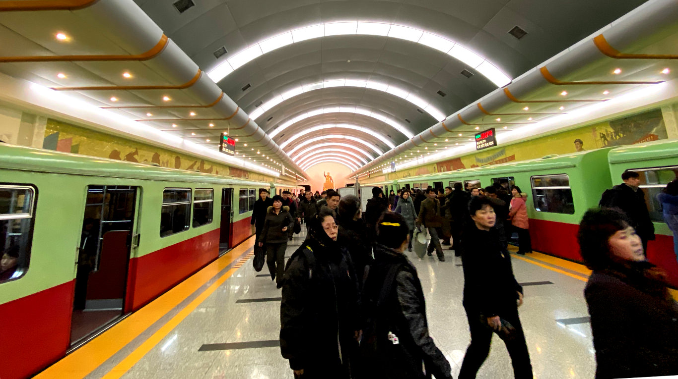 Pyongyang metro ride in winter during KTG Tour's New Years Tour, North Korea (DPRK)