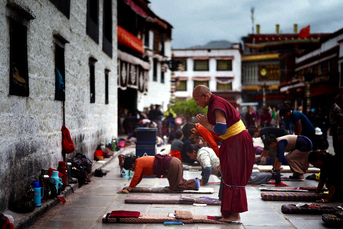 Shops in Barkhor square around Jokhang Temple in Lhasa, Tibet, China