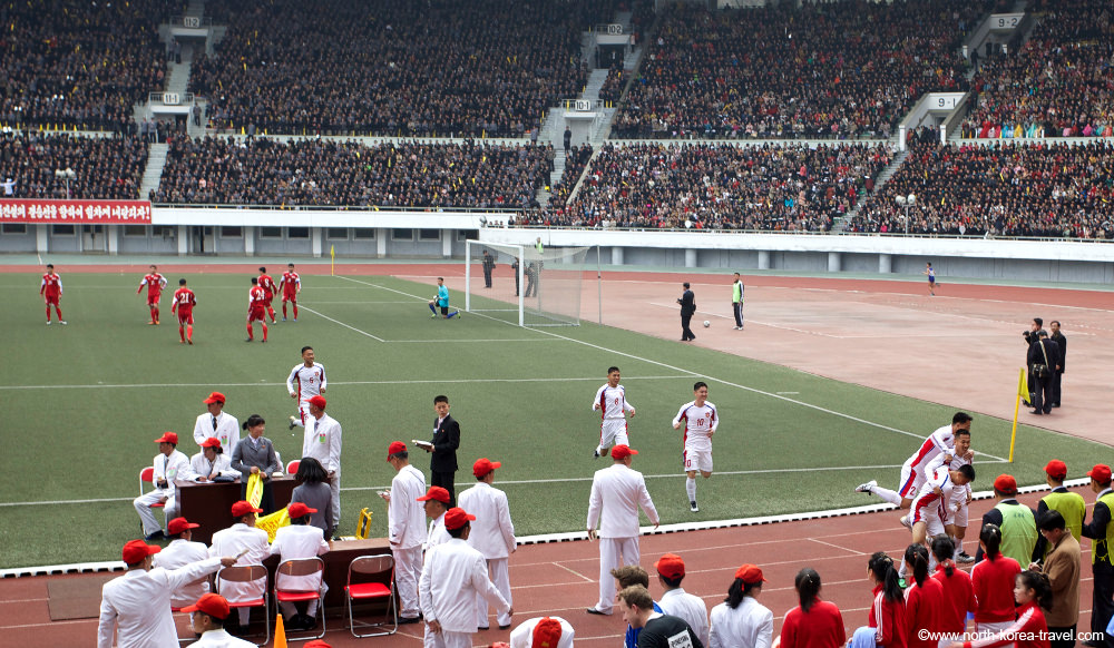 Football game (soccer) in Kim Il Sung Stadium, Pyongyang, North Korea
