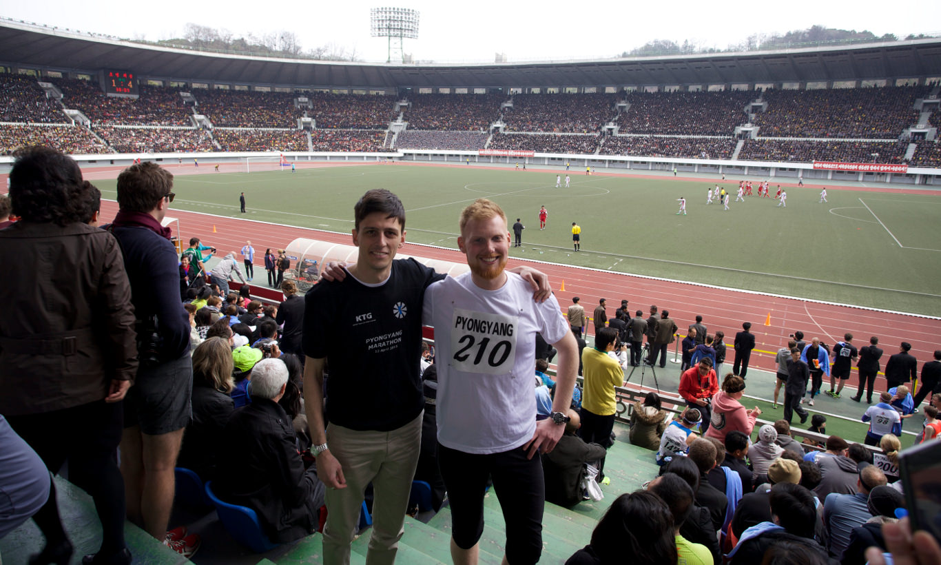 KTG rep with one of our Pyongyang marathon runners at the Kim Il Sung Stadium in North Korea