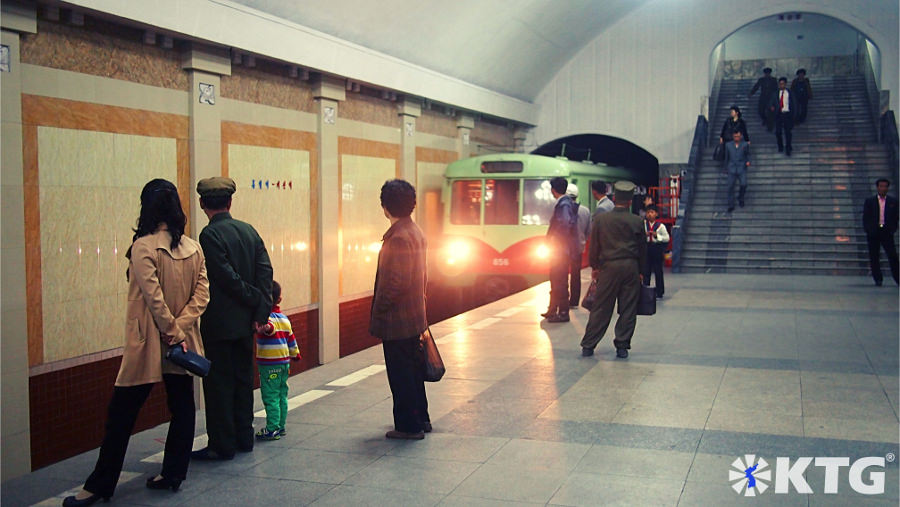 Train entering the station at the Pyongyang metro, DPRK. The subwaysystem in North Korea is truly impressive. Picture of North Korea taken by KTG Tours