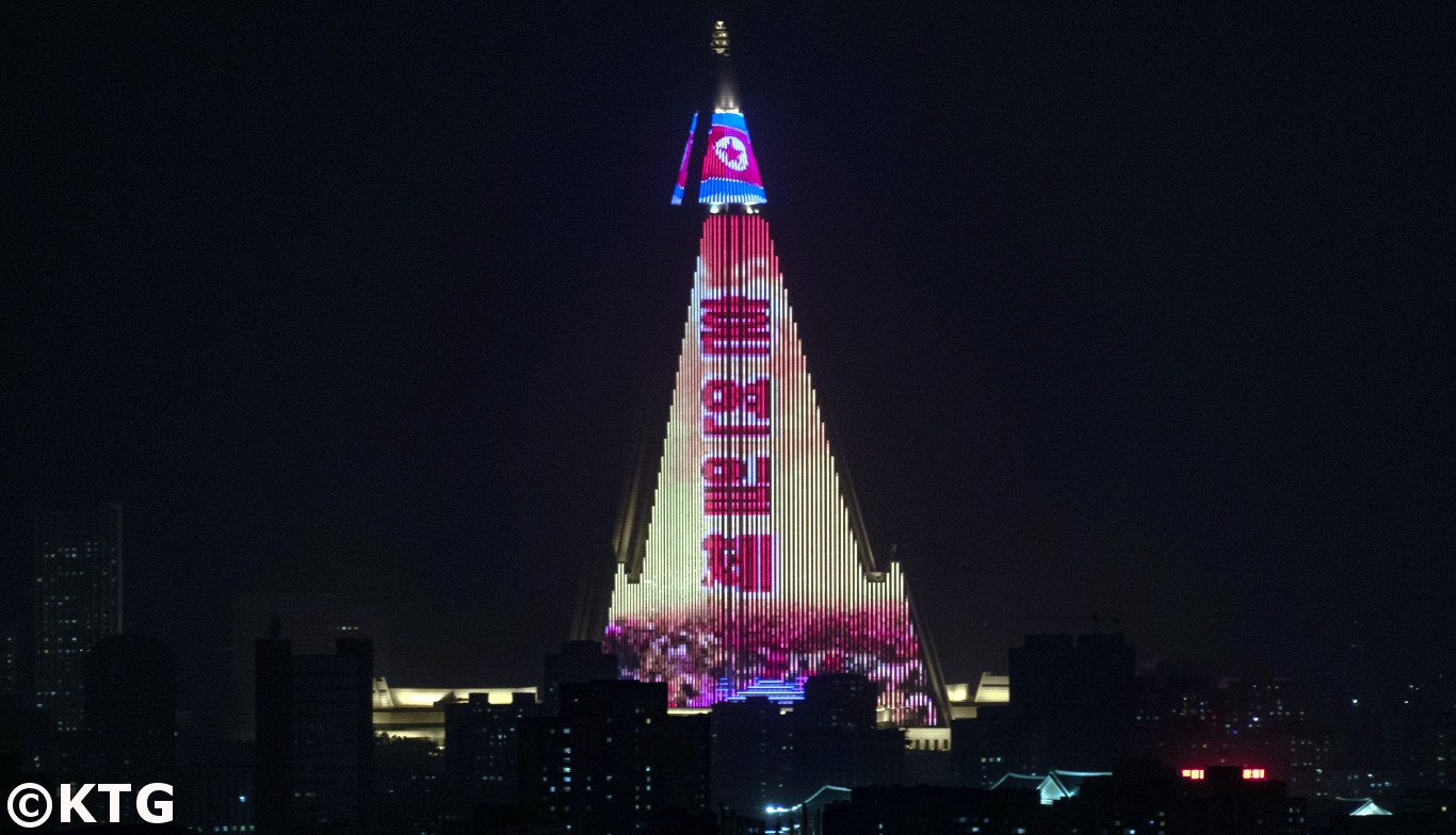 The Ryugyong Hotel shining bright at night. See the LED lights? Picture taken by KTG Tours in 2019