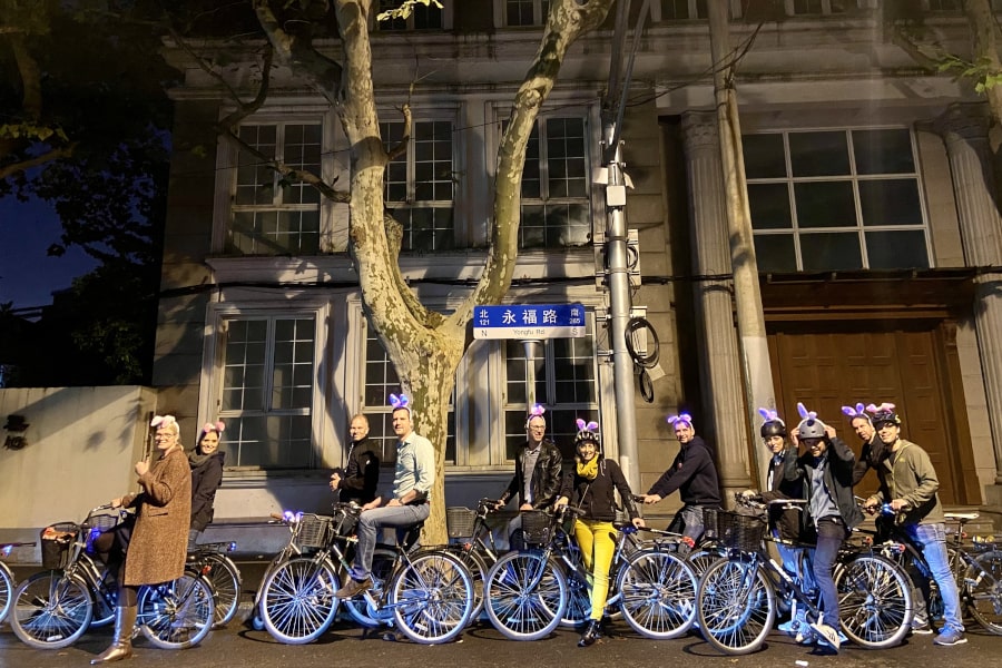 Night bike ride through the French concession in Shanghai, China