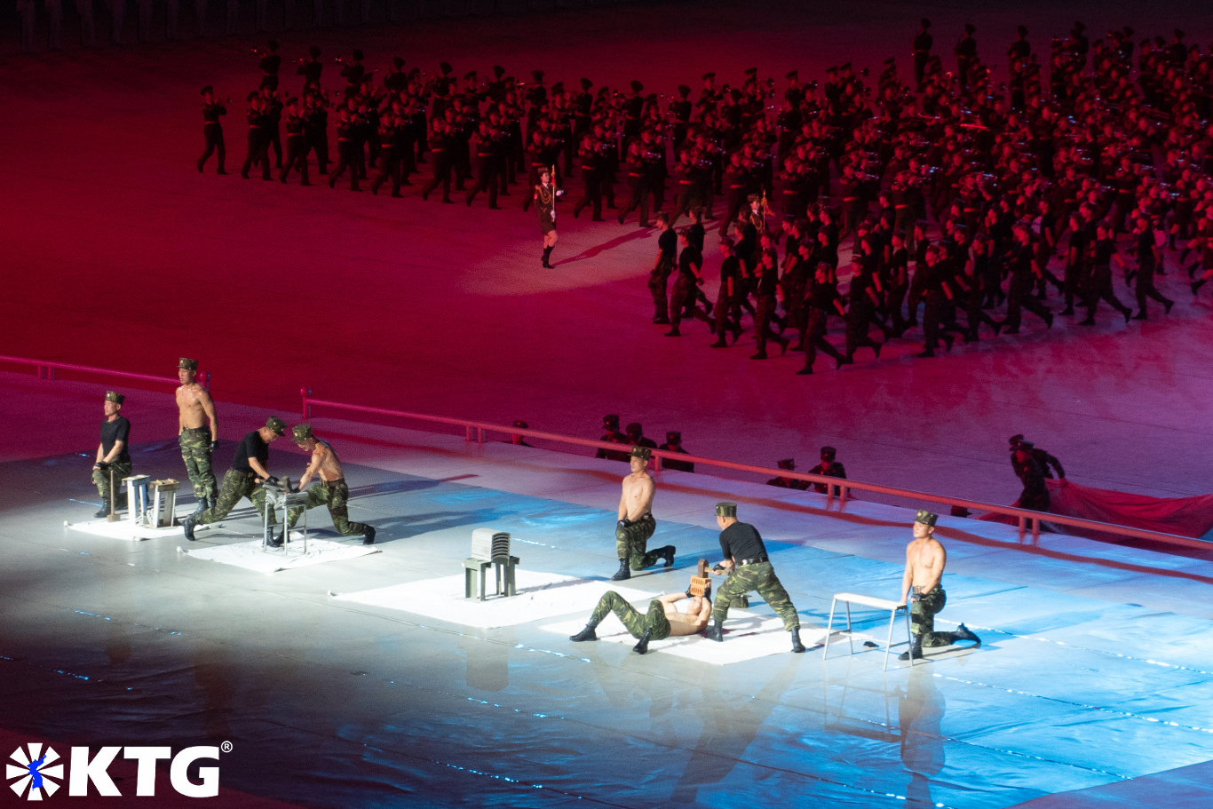 Soldiers performing at the Mass Games in the Rungrado May Day Stadium in Pyongyang, capital of North Korea, DPRK. Picture taken by KTG Tours