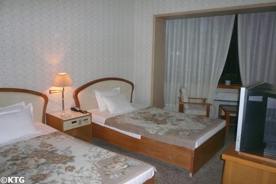 Standard room at the Tongmyong Hotel in Wonsan city, Kangwon province, North Korea (DPRK). It is also spelled Dongmyong Hotel. Trip arranged by KTG Tours