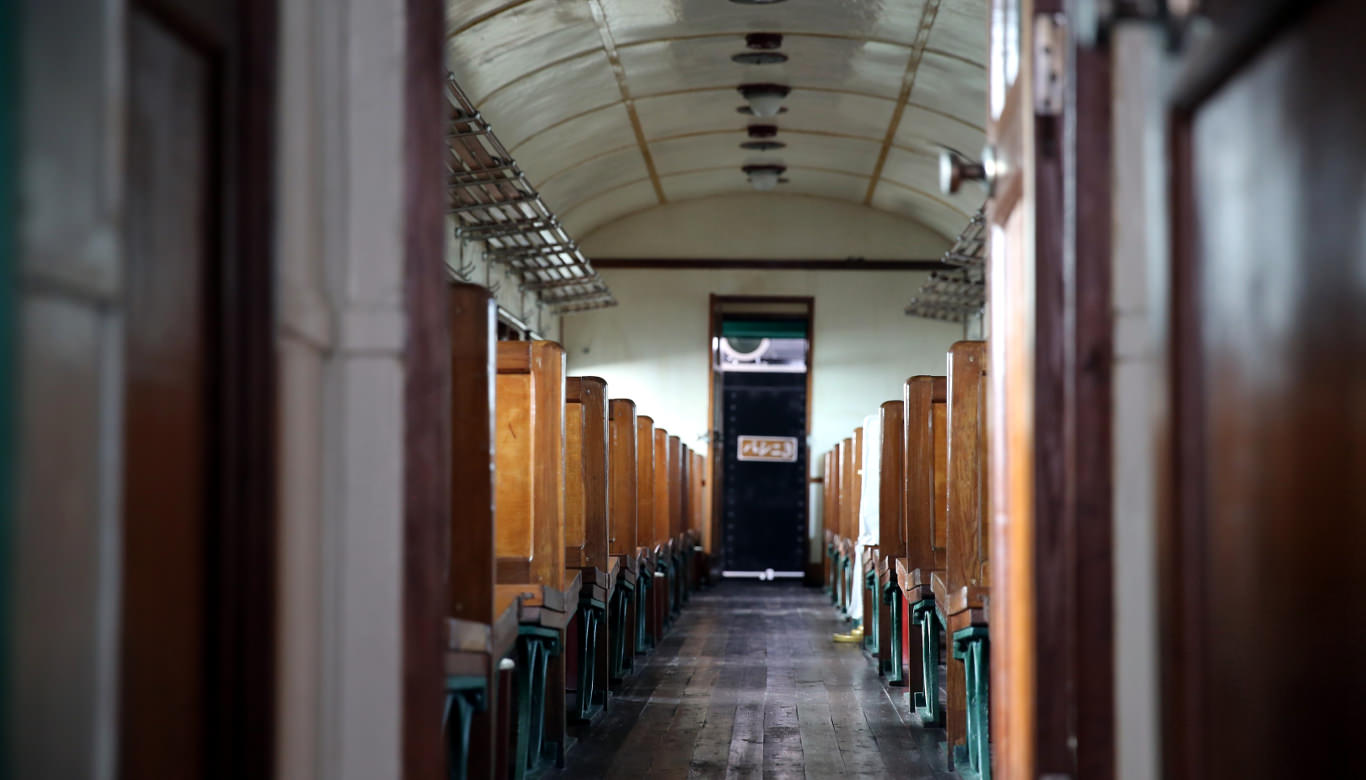 Replica of the 3rd class train carriage taken by President Kim Il Sung at the train station revolutionary site in Wonsan, DPRK. Picture taken by KTG Tours