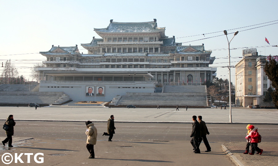 Kim Il Sung square in the winter, North Korea. Notice the dots on the floor to mark people's positions during mass rallies and military parades