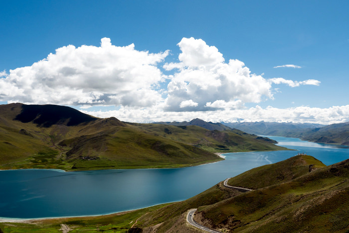 views from high up of Yamdroktso lake in Tibet, China