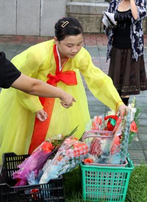 Korean lady picking flowers